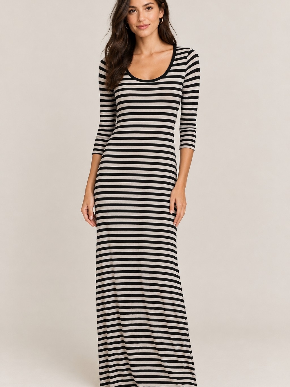 Calvin Klein Black & Cream Striped Scoop-Neck Maxi